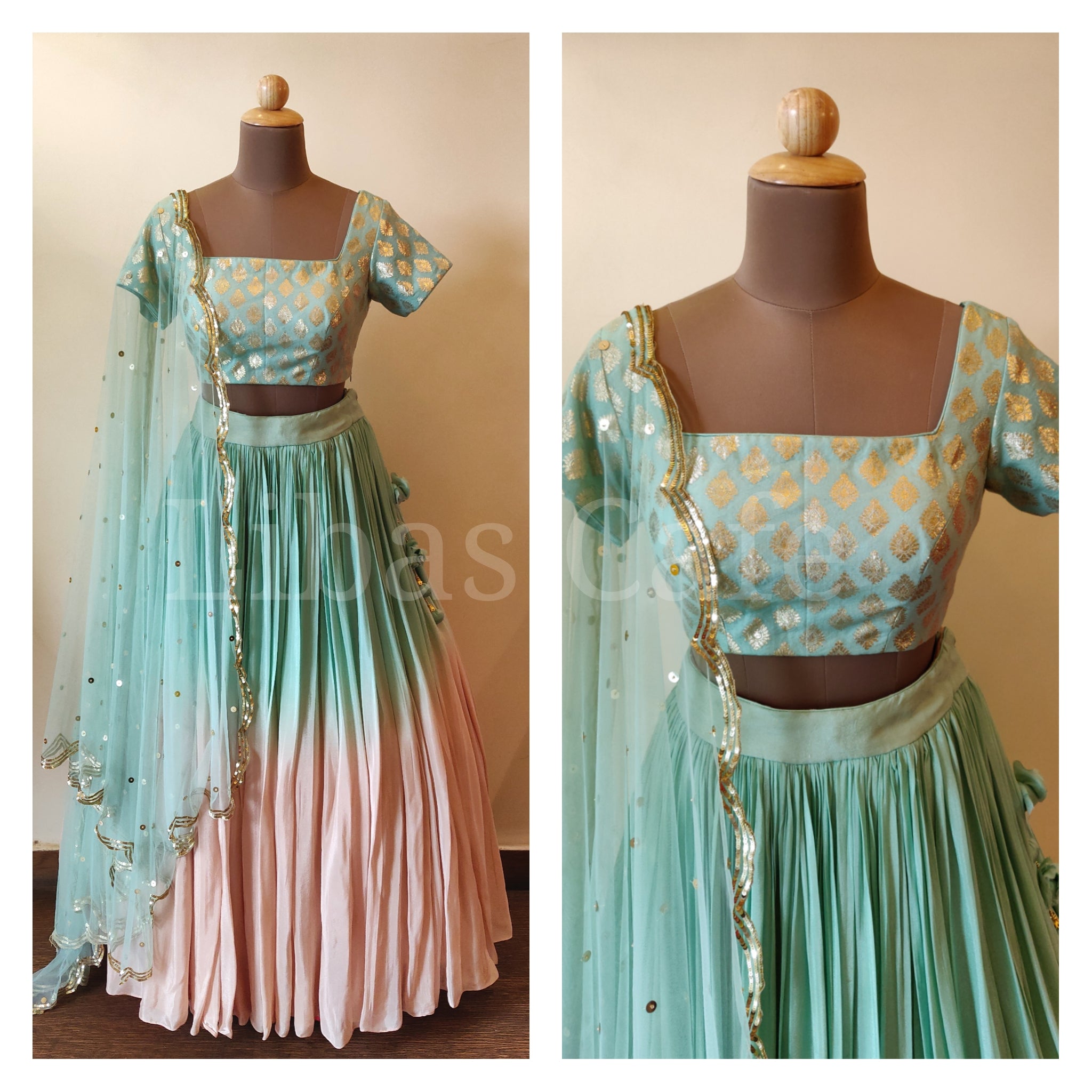 Pastel Green Chanderi Top And Ombre Lehenga